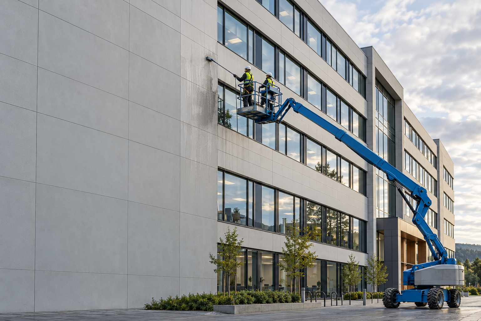 Fasadevask av et stort næringsbygg med arbeidere i lift