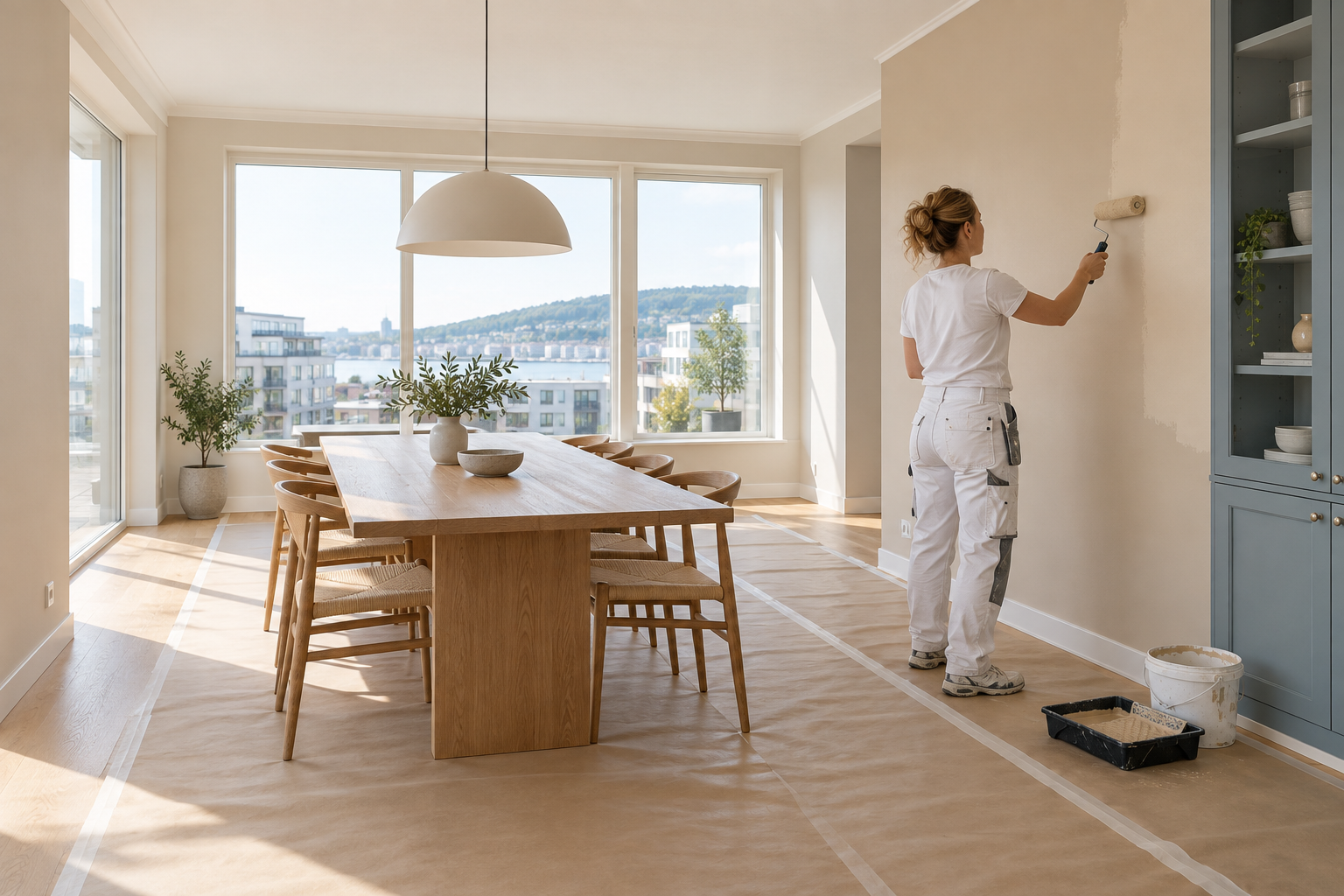 Maler påfører beige maling med rull på en vegg i en lys spisestue.
