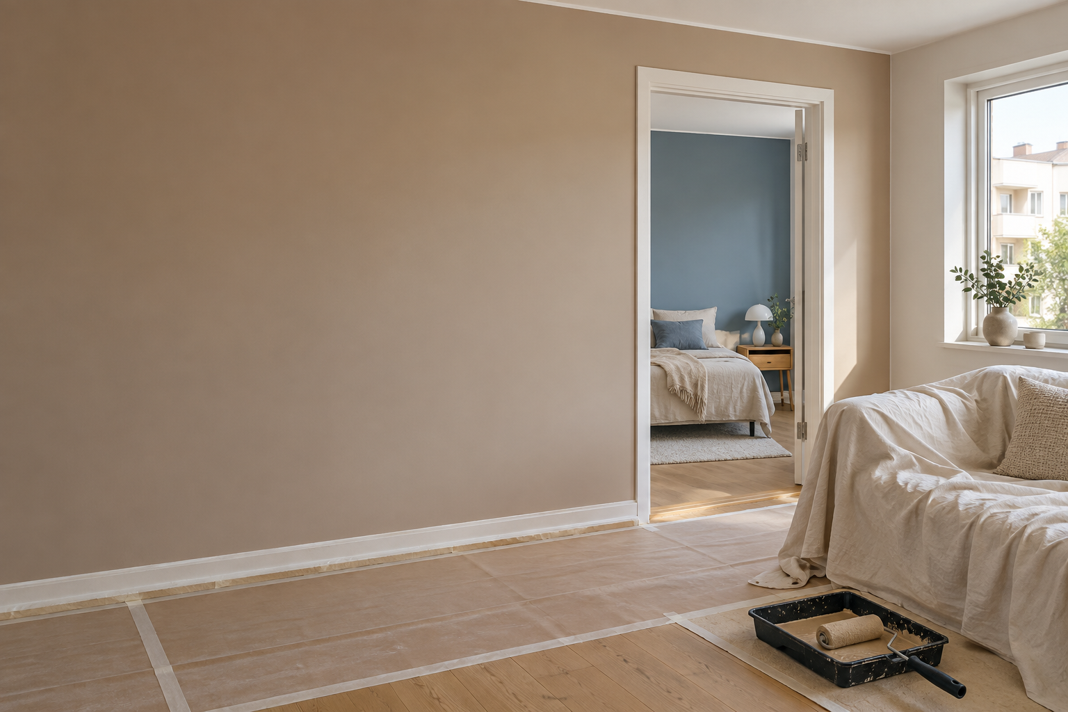 Maling av leilighet med beige vegger, tildekket sofa og beskyttet gulv
