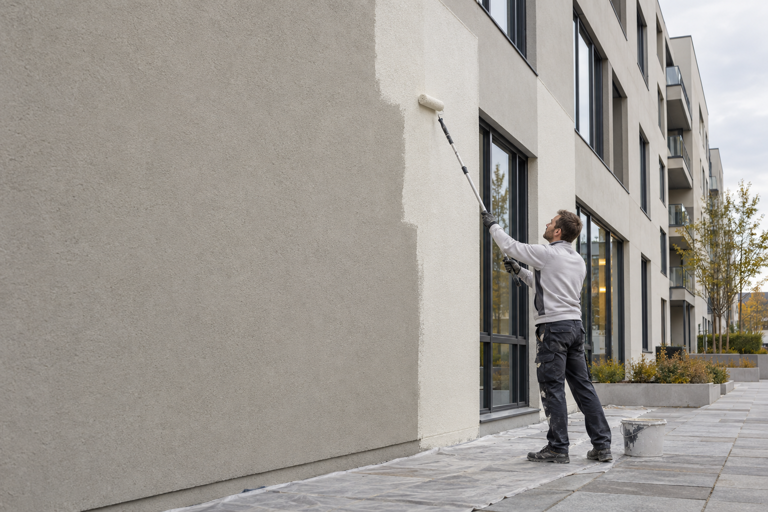 Maling av mur og betong – påføring av maling på en pusset fasade med rulle