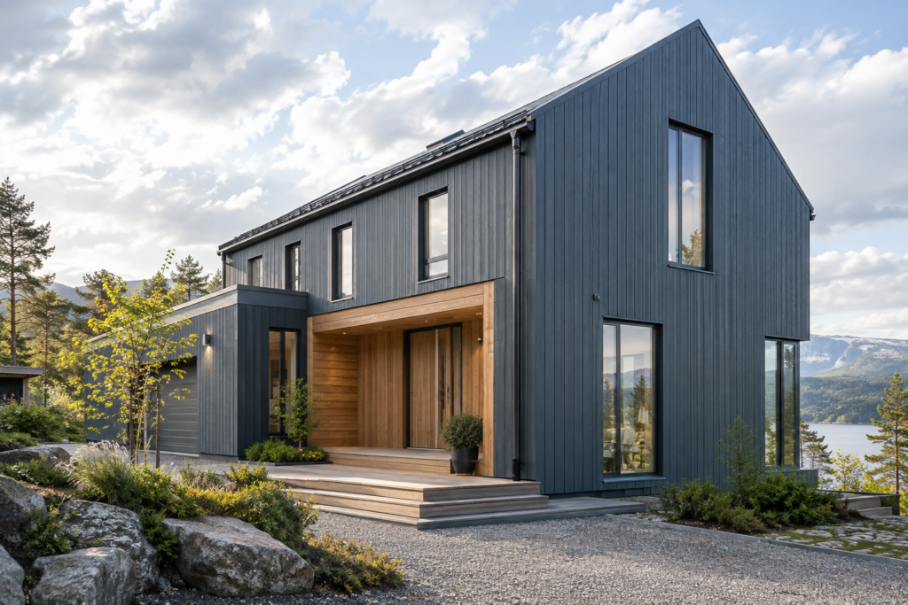 Dempet blå kledning gir det moderne huset karakter, mens naturlig tre markerer inngangen