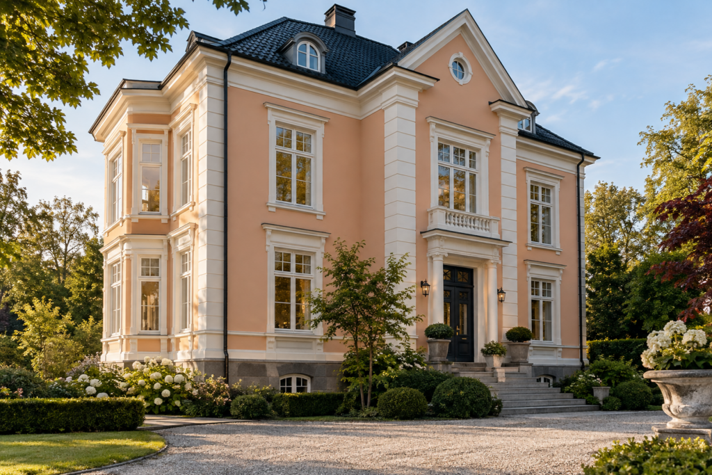 Ferskenfarget mur og lyse gesimser gir villaen et mildt uttrykk med tydelige arkitektoniske detaljer