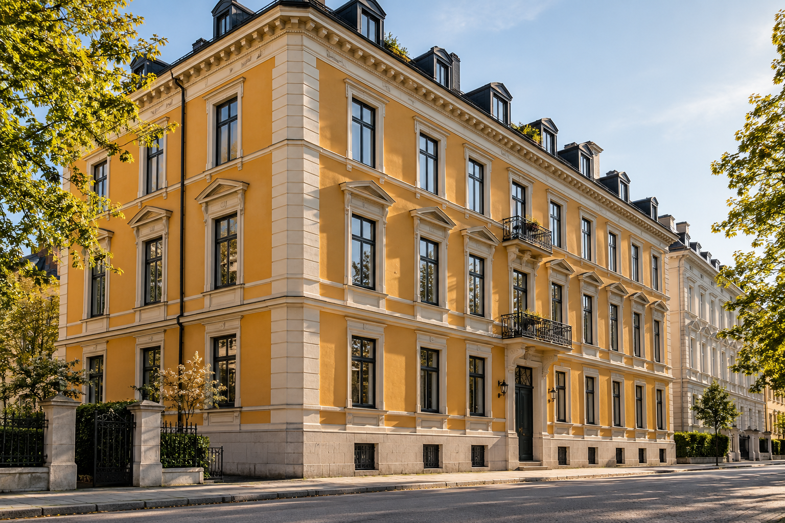 Bygård med okergul fasade og lyse vindusomramminger