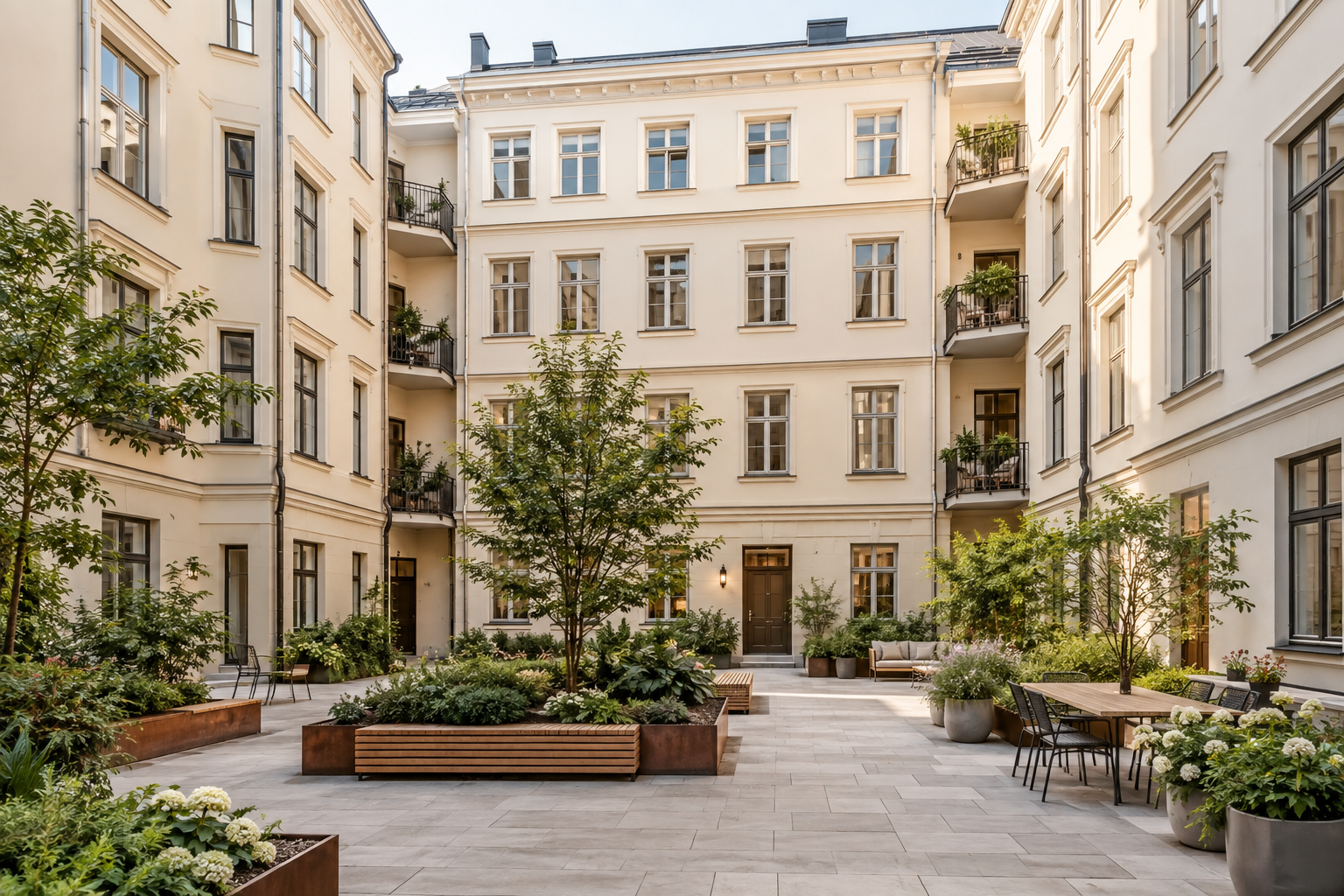 Lyst gårdsrom omgitt av bygårdsfasader med vinduer og balkonger.