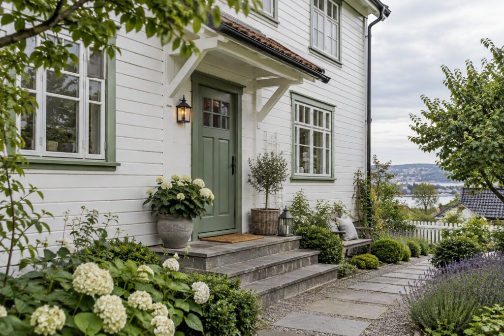 Hvitt trehus med grønne detaljer
