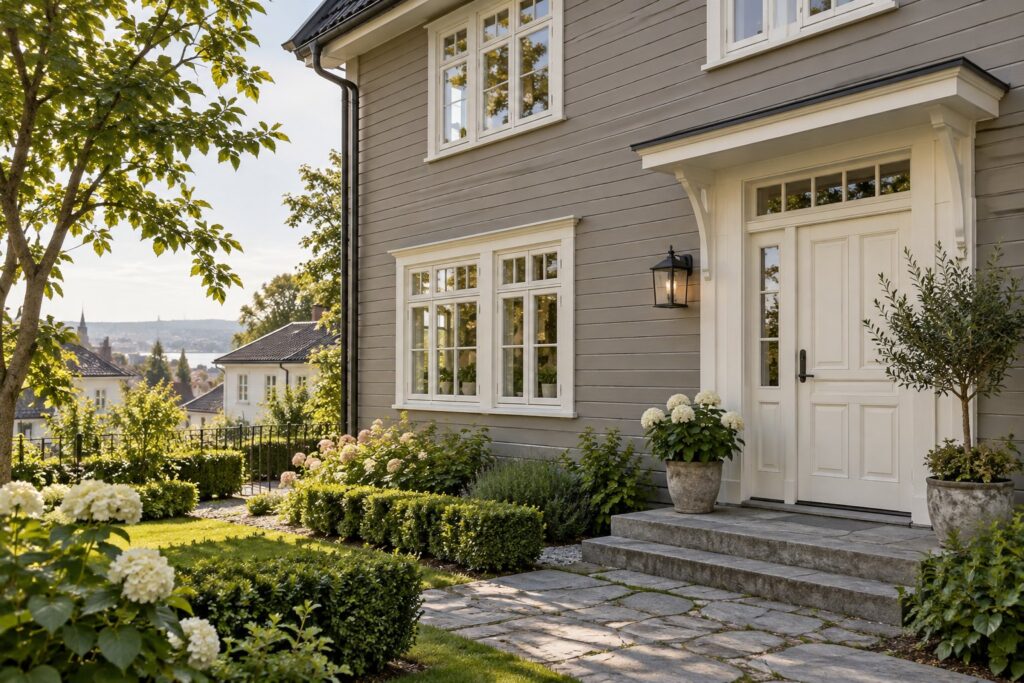 Grå fasade med lyse detaljer