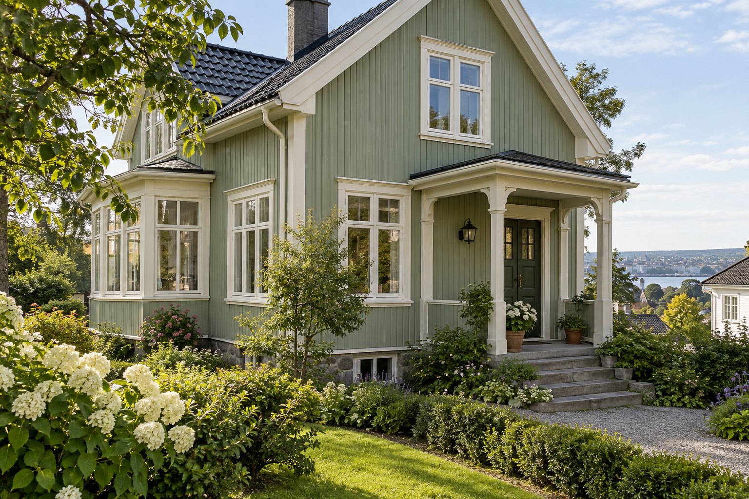 Trehus med dempet grønn kledning omgitt av en hage