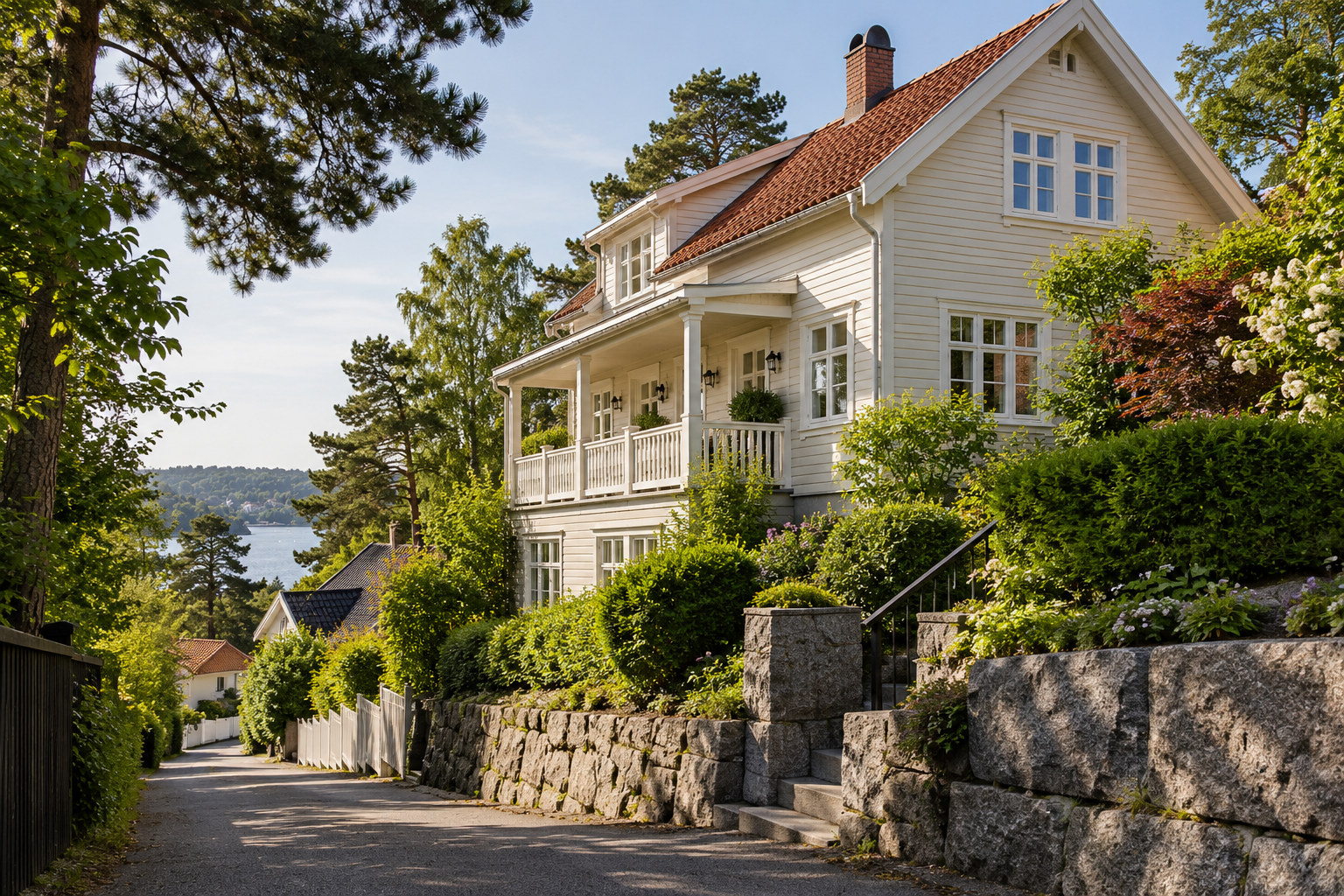 Hvit trevilla med rødt tegltak og veranda over en steinmur, med fjorden i bakgrunnen