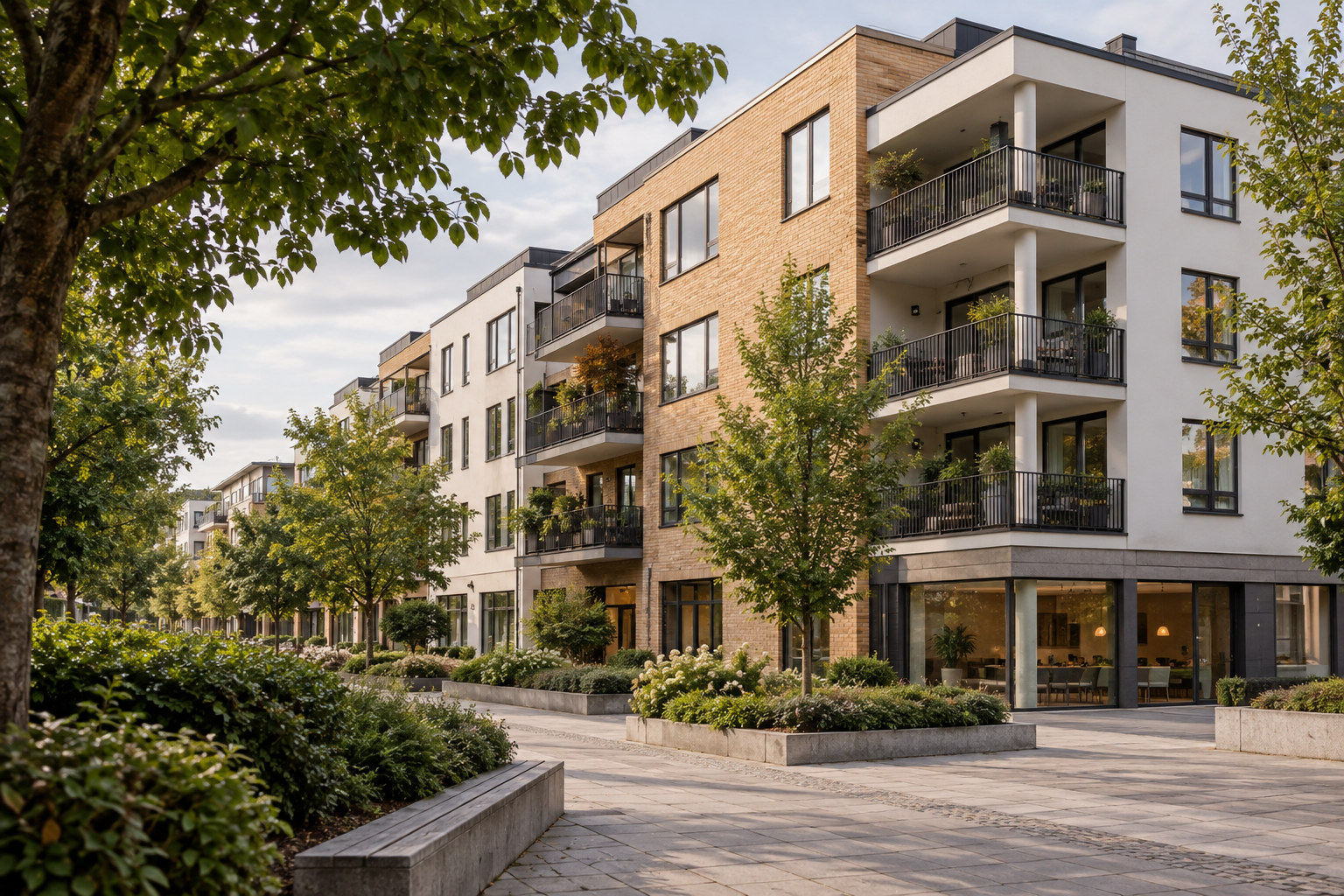 Leilighetsbygg med lyse fasader, tegl og balkonger langs en beplantet gangplass