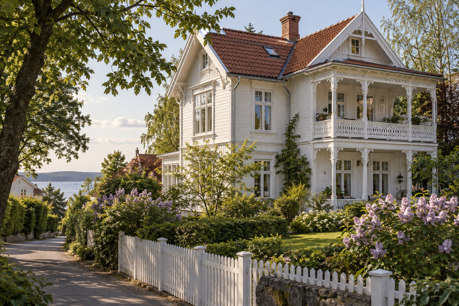 Hvit trevilla med utskåret veranda, rødt tegltak og frodig hage, med sjø i bakgrunnen