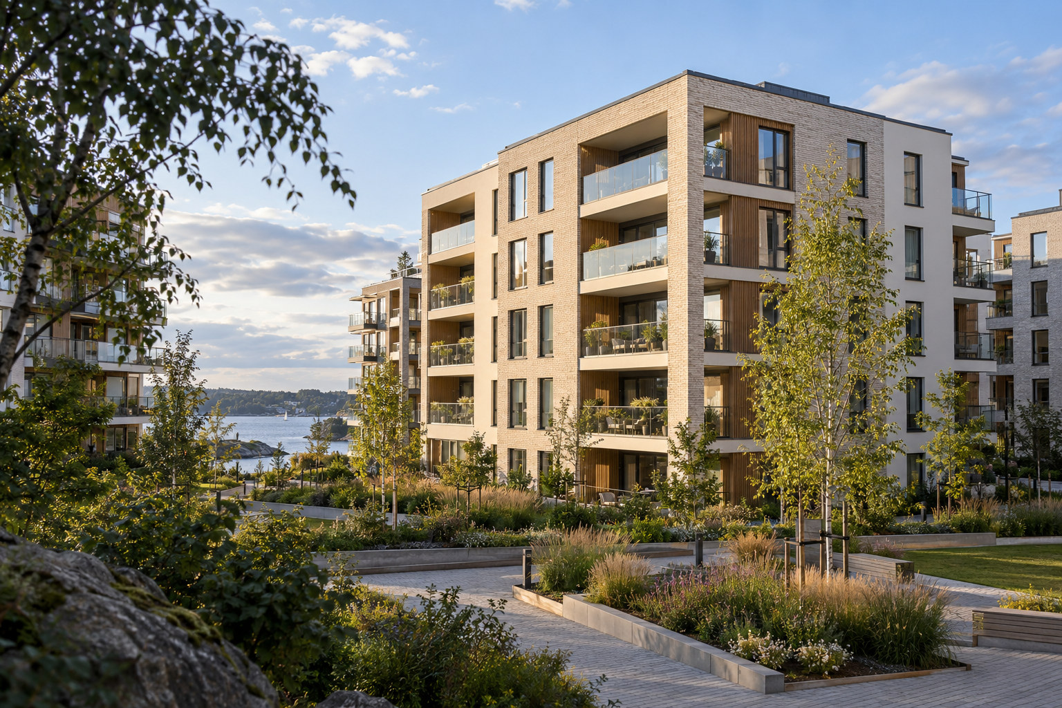 Moderne leilighetsbygg med lyse fasader, glassbalkonger og grønt gårdsrom med fjorden i bakgrunnen