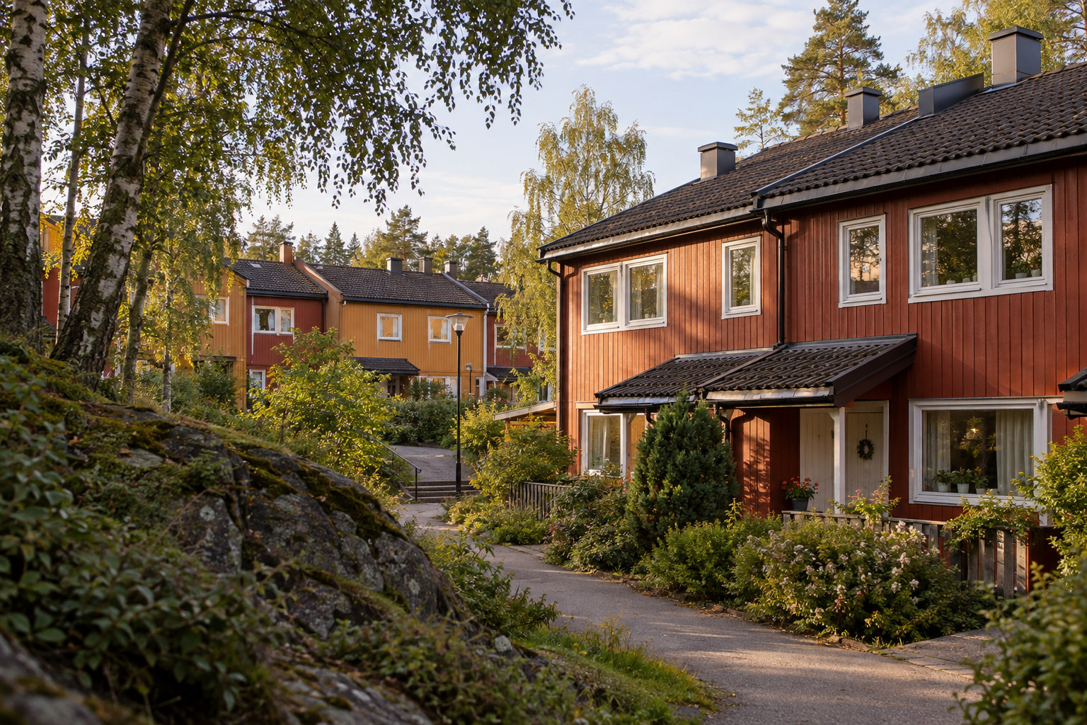 Rekkehus med rød og gul trekledning langs en gangvei mellom bjørketrær