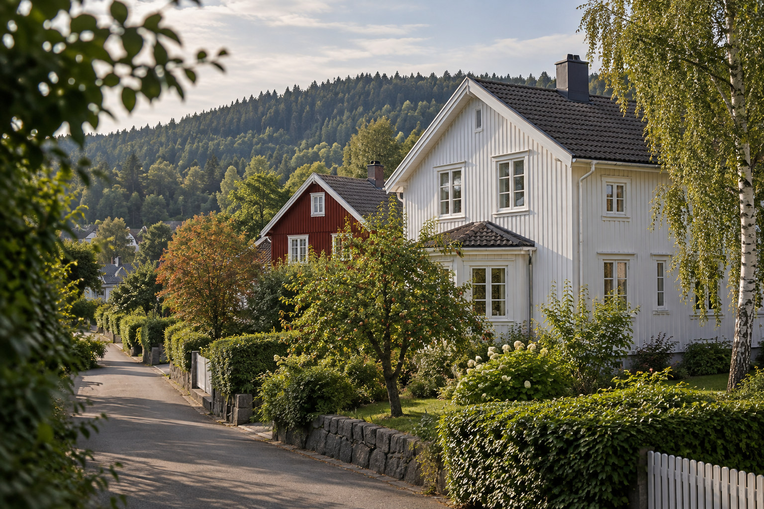 Hvitt trehus med mørkt saltak, frodig hage og rødt nabohus foran en skogkledd ås