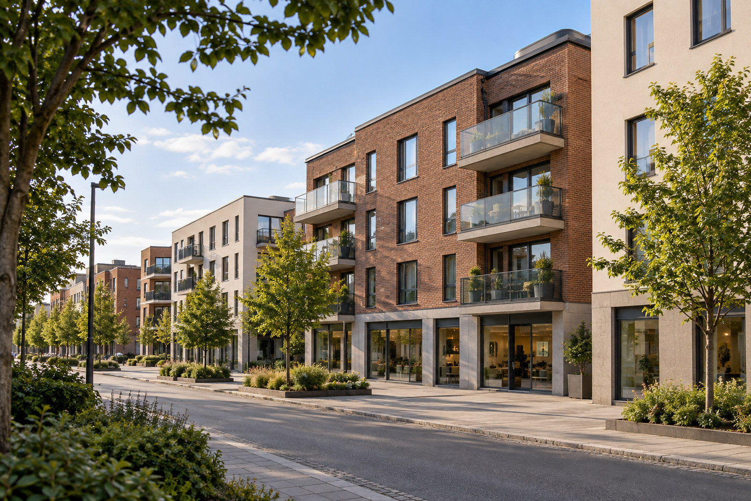 Moderne boligbygg med tegl og lyse fasader, glassbalkonger og næringslokaler langs en trebeplantet gate