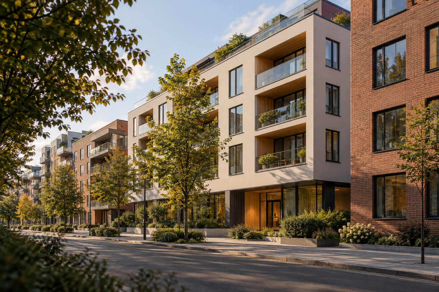Moderne boligbygg med lyse fasader, tegl, balkonger og trær langs en bygate